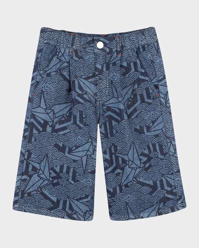Boy's Printed Denim Shorts W/ Logo Badge, Size 6-12